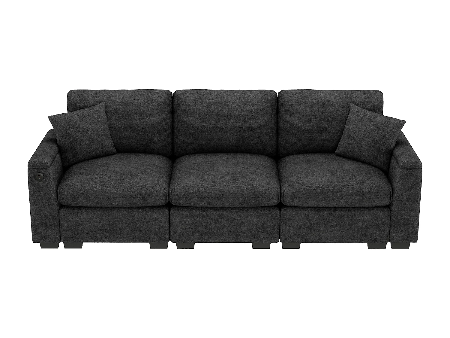 Canapé 3 places en chenille gris- Coussins, tablette rabattable, ports USB et rangement