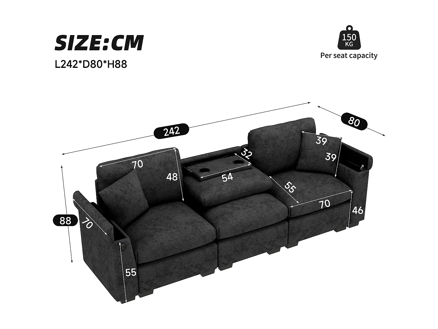 Canapé 3 places en chenille gris- Coussins, tablette rabattable, ports USB et rangement