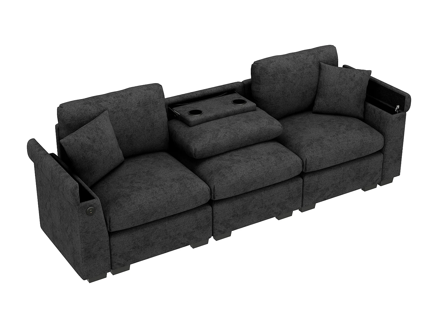 Canapé 3 places en chenille gris- Coussins, tablette rabattable, ports USB et rangement