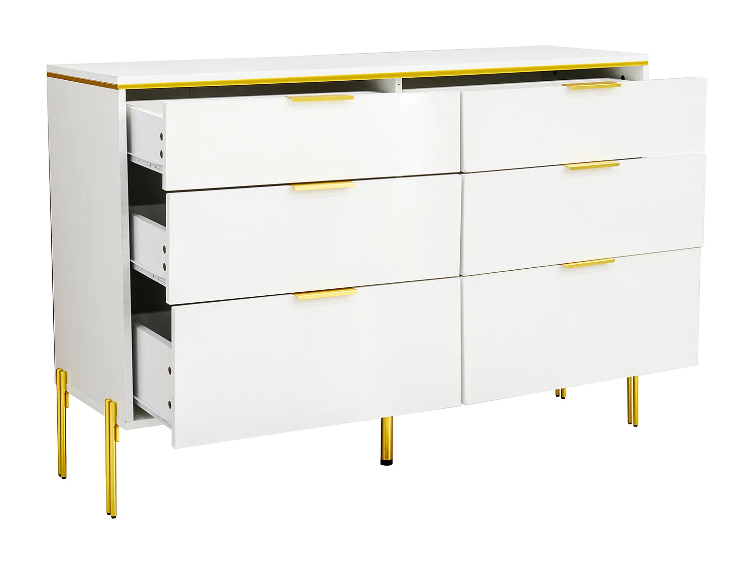 Commode blanc laquée avec 6 tiroirs - Surface finition brillant -Pieds dorés