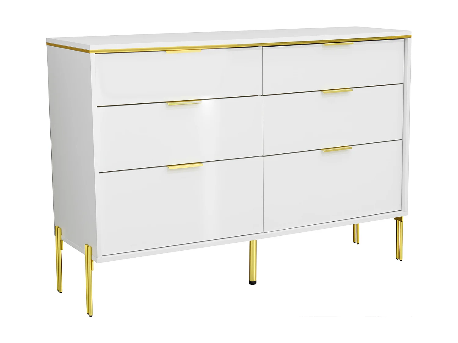 Commode blanc laquée avec 6 tiroirs - Surface finition brillant -Pieds dorés
