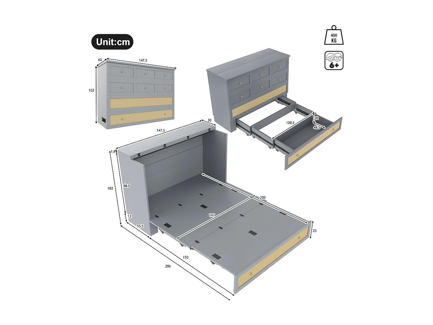 Lit escamotable 140 x 200 cm avec tiroir et prises USB - lit plateforme convertible en MDF -Gris