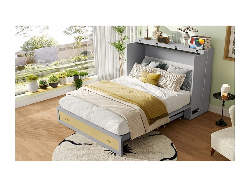 Lit escamotable 140 x 200 cm avec tiroir et prises USB - lit plateforme convertible en MDF -Gris