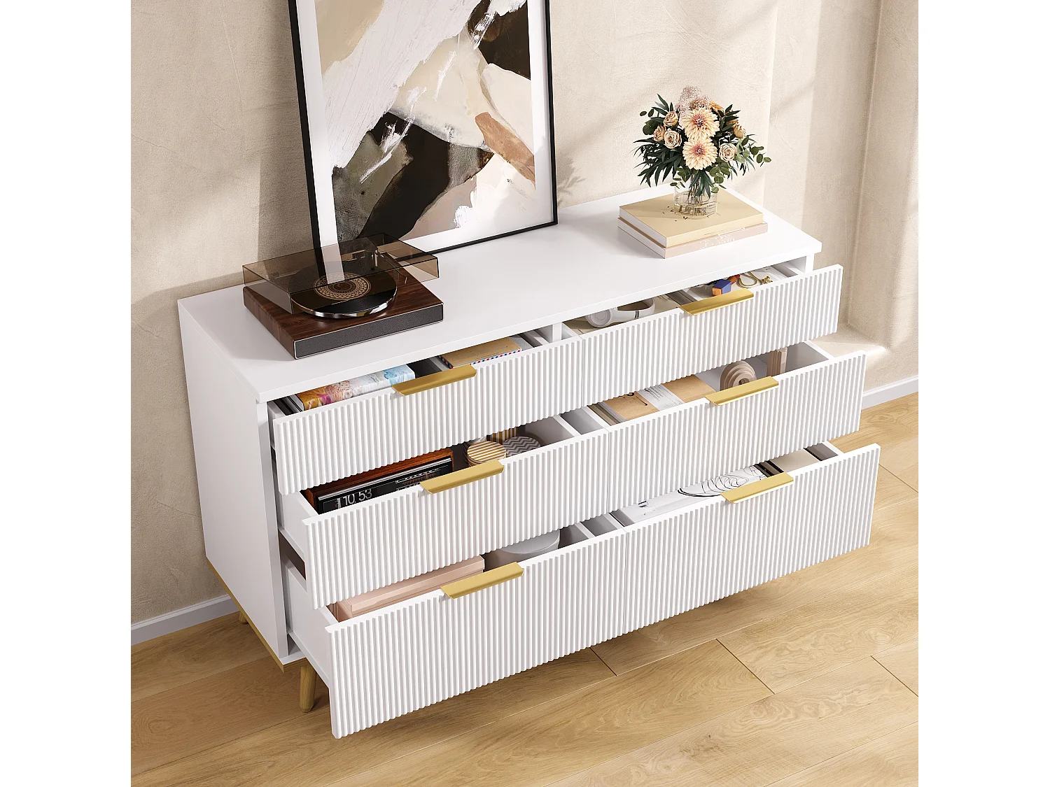 Commode blanc avec 6 tiroirs - Pieds woodgrain 120x40x76.5cm