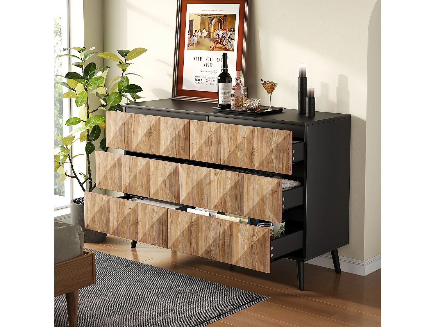 Commode avec 6 tiroirs - Pieds en métal - Noir et bois