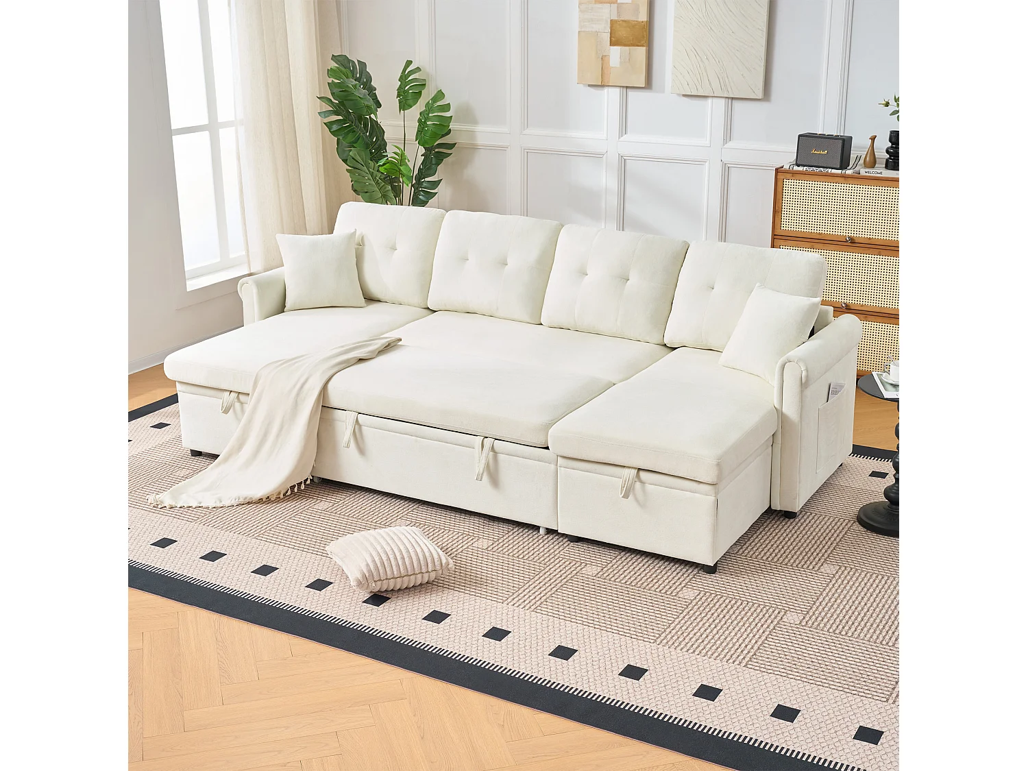 Canapé 3 places d'angle en forme de U avec rangement - Canapé-lit en tissu chenille - Beige