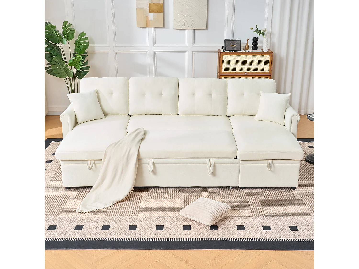 Canapé 3 places d'angle en forme de U avec rangement - Canapé-lit en tissu chenille - Beige