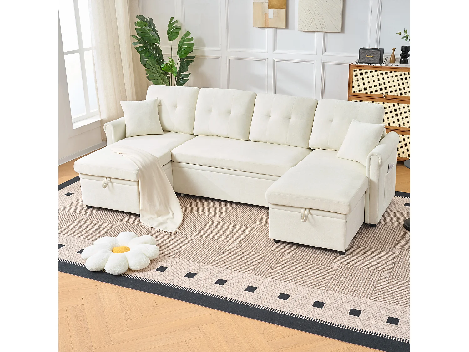 Canapé 3 places d'angle en forme de U avec rangement - Canapé-lit en tissu chenille - Beige