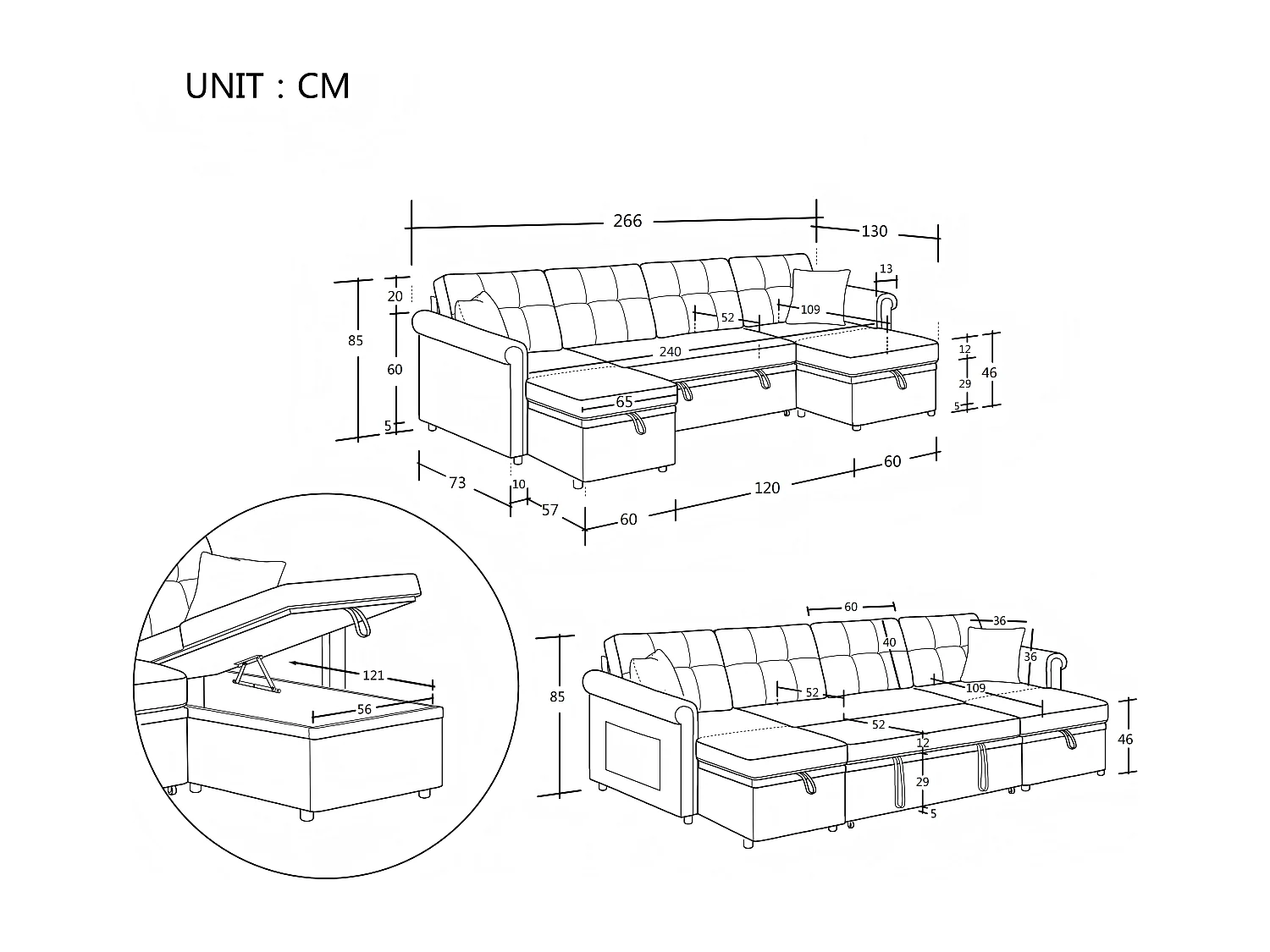 Divano angolare a U a 3 posti con contenitore - Divano letto in tessuto ciniglia - Beige