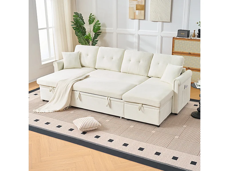 Sofá esquinero de 3 plazas en forma de U con almacenaje - Sofá cama de tela chenilla - Beige