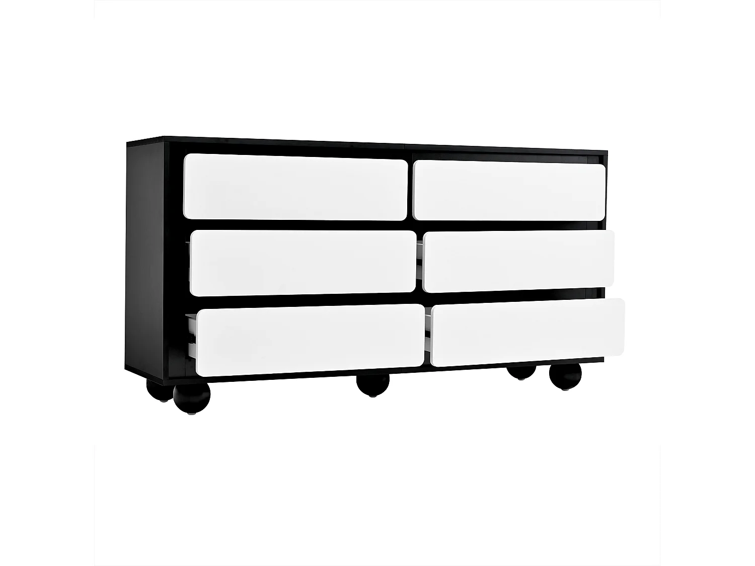 Commode avec 6 tiroirs - Pieds ronds métal - Noir et blanc