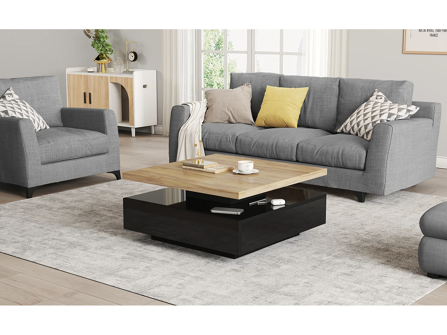 Table basse carré avec tiroir - Plateau pivotant en couleur bois - Noir