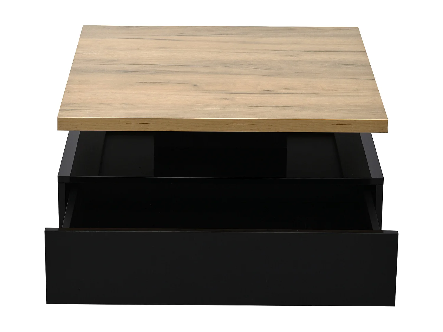Table basse carré avec tiroir - Plateau pivotant en couleur bois - Noir