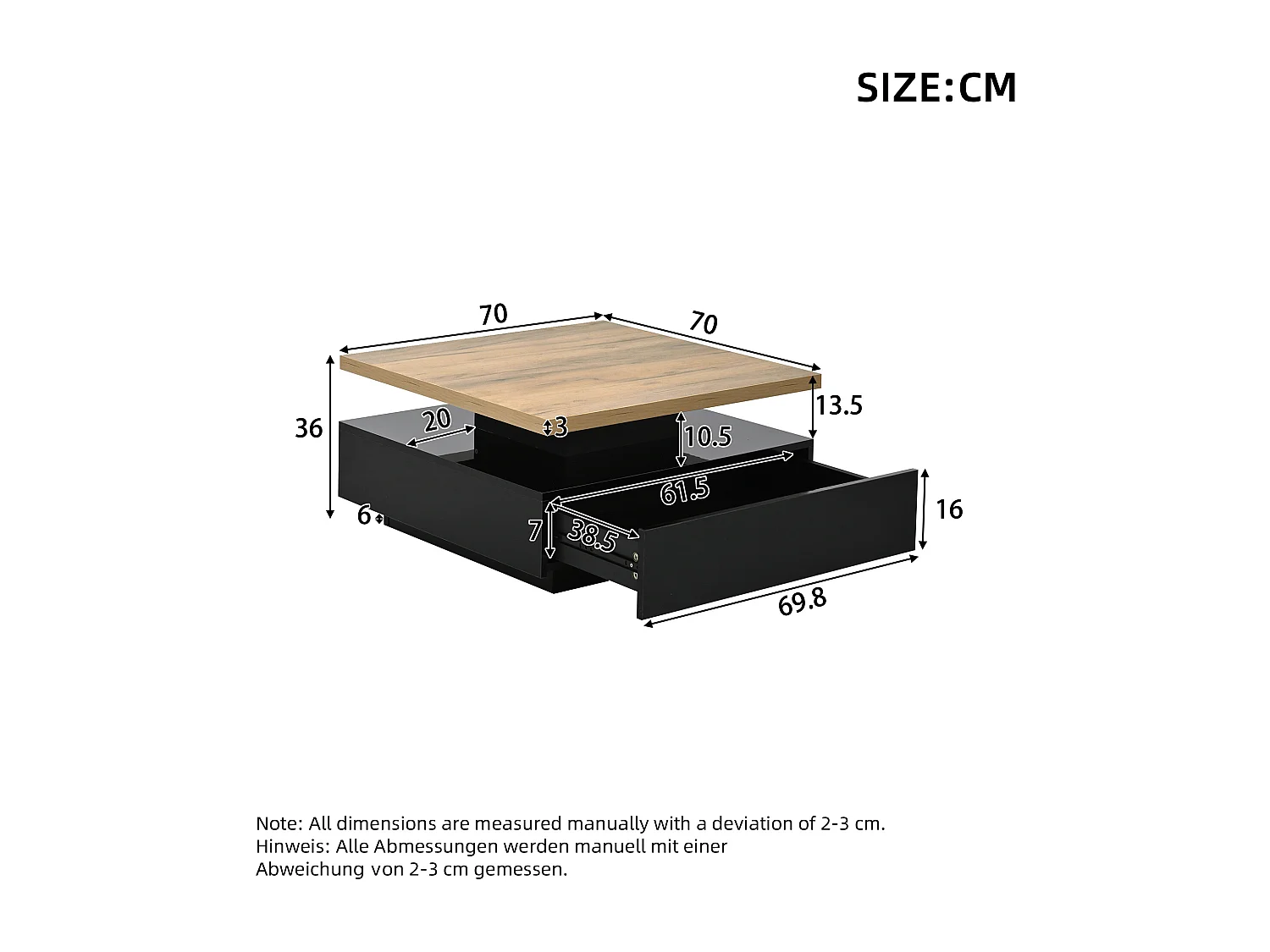 Table basse carré avec tiroir - Plateau pivotant en couleur bois - Noir