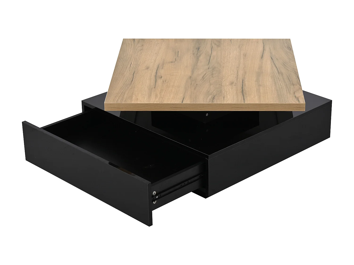 Table basse carré avec tiroir - Plateau pivotant en couleur bois - Noir