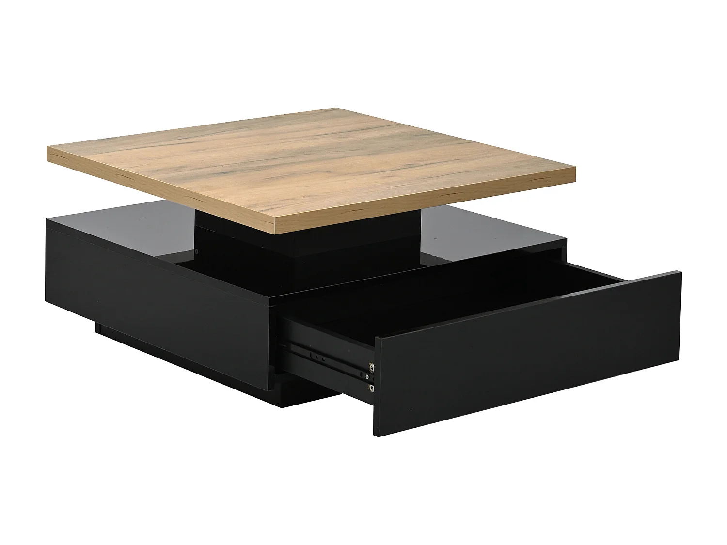 Table basse carré avec tiroir - Plateau pivotant en couleur bois - Noir