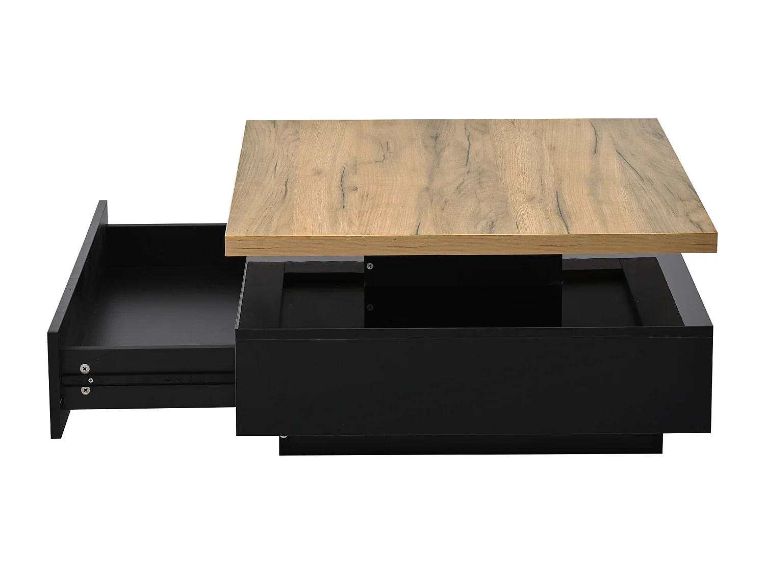 Table basse carré avec tiroir - Plateau pivotant en couleur bois - Noir