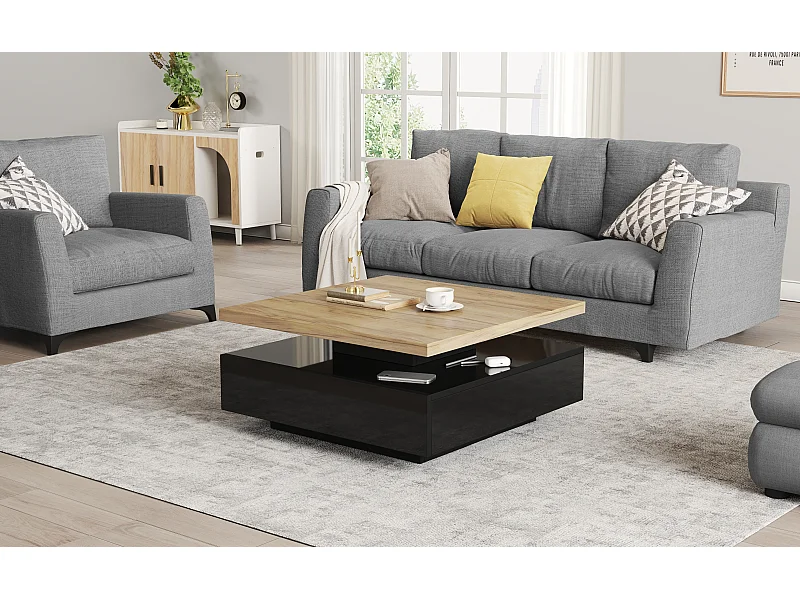 Table basse carré avec tiroir - Plateau pivotant en couleur bois - Noir