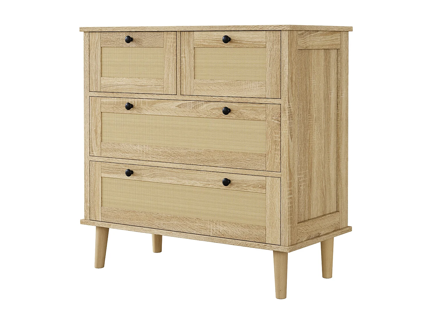 Commode à 4 tiroirs en rotin - Pieds en bois - Couleur bois