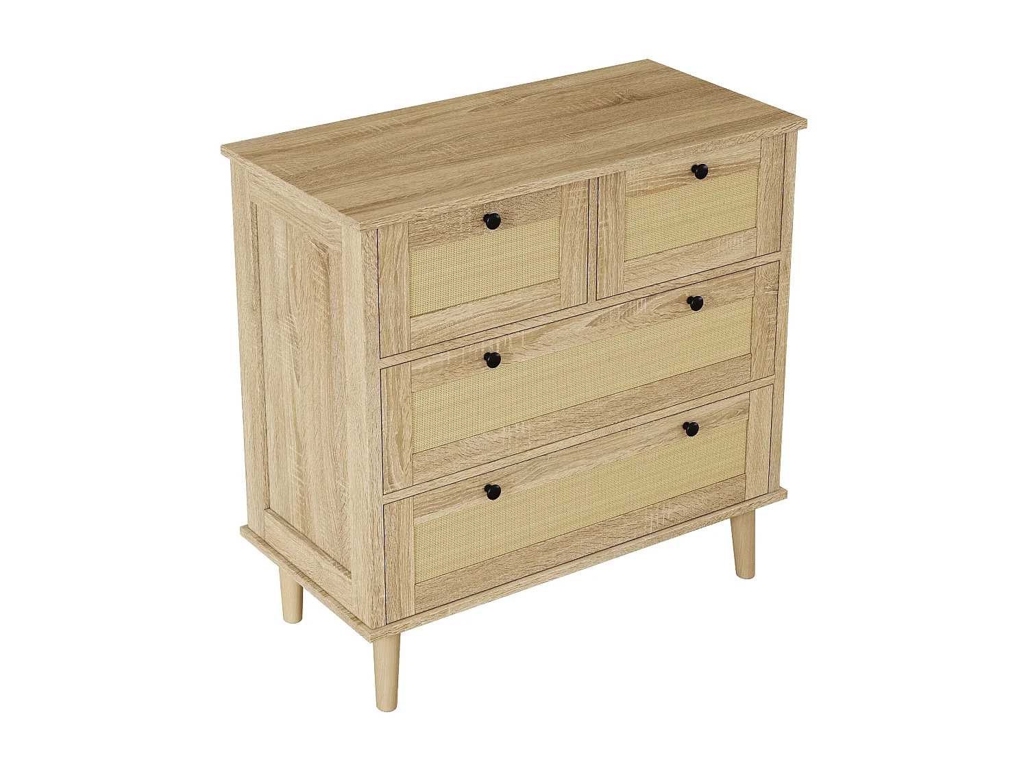 Commode à 4 tiroirs en rotin - Pieds en bois - Couleur bois