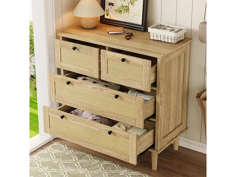 Commode à 4 tiroirs en rotin - Pieds en bois - Couleur bois