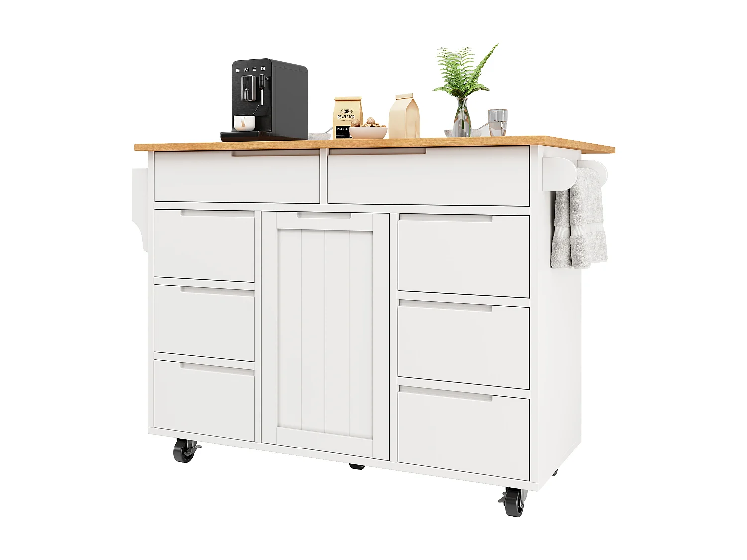 Îlot central de cuisine avec 8 tiroirs - Desserte à roulettes avec plateau rabattable - Blanc