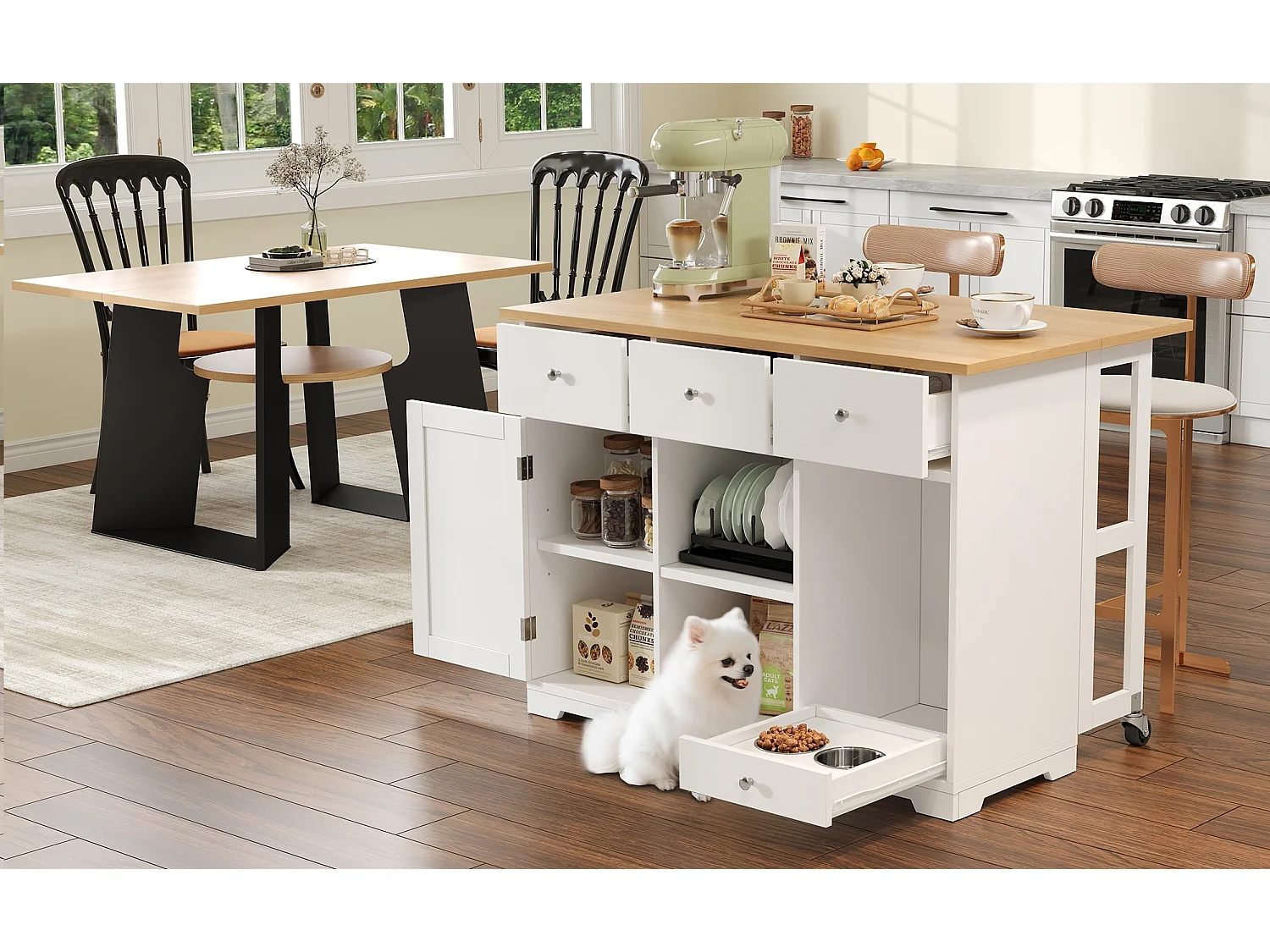 Îlot central de cuisine avec 3 tiroirs et gamelle pour animaux - Blanc et naturel clair