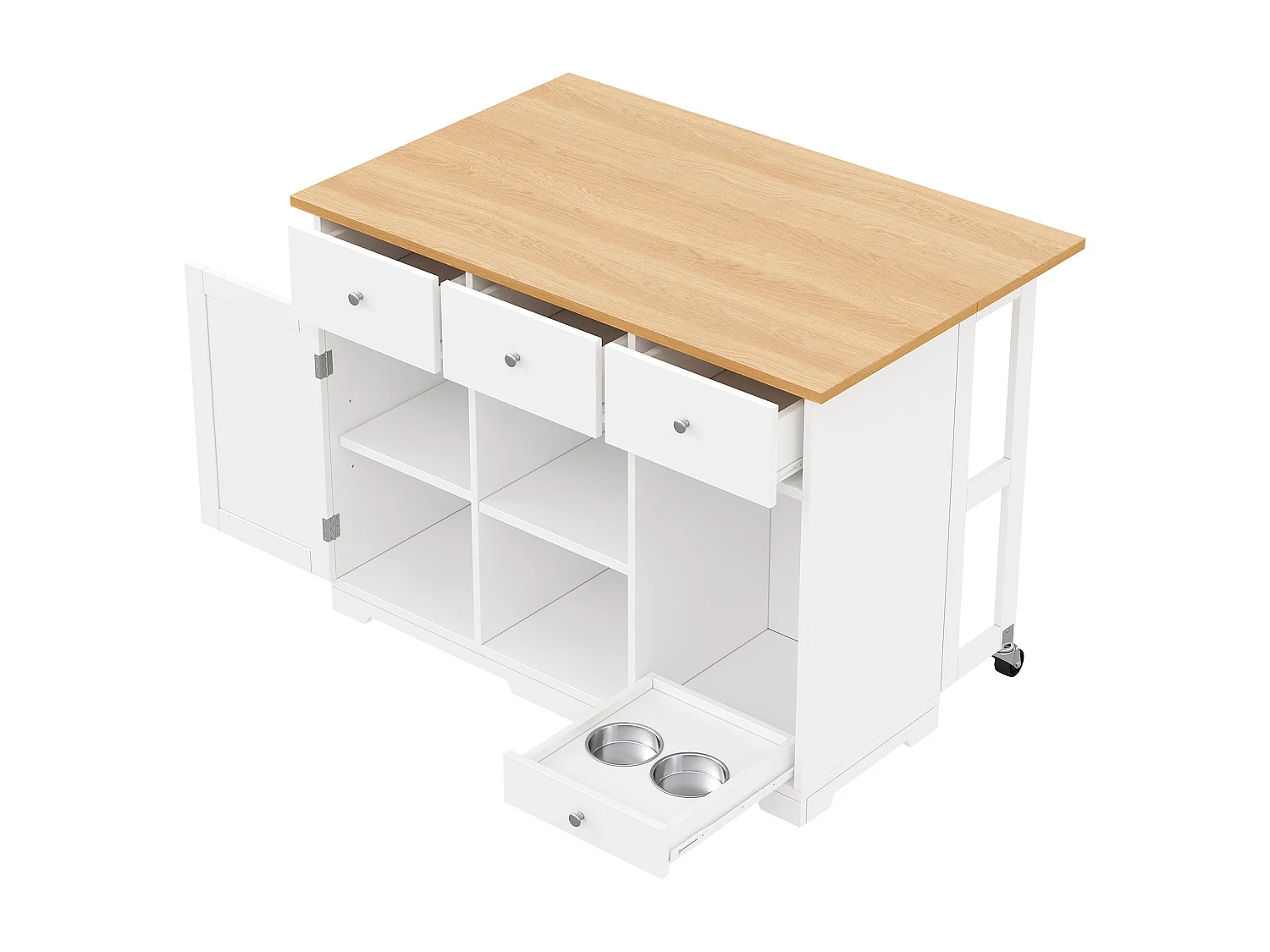 Îlot central de cuisine avec 3 tiroirs et gamelle pour animaux - Blanc et naturel clair