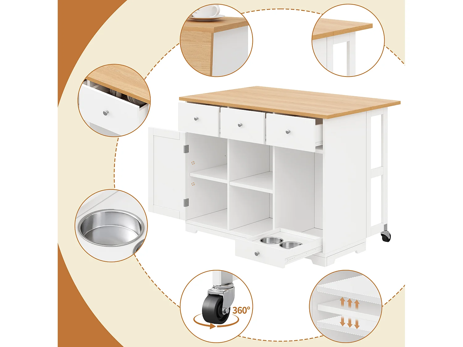 Îlot central de cuisine avec 3 tiroirs et gamelle pour animaux - Blanc et naturel clair