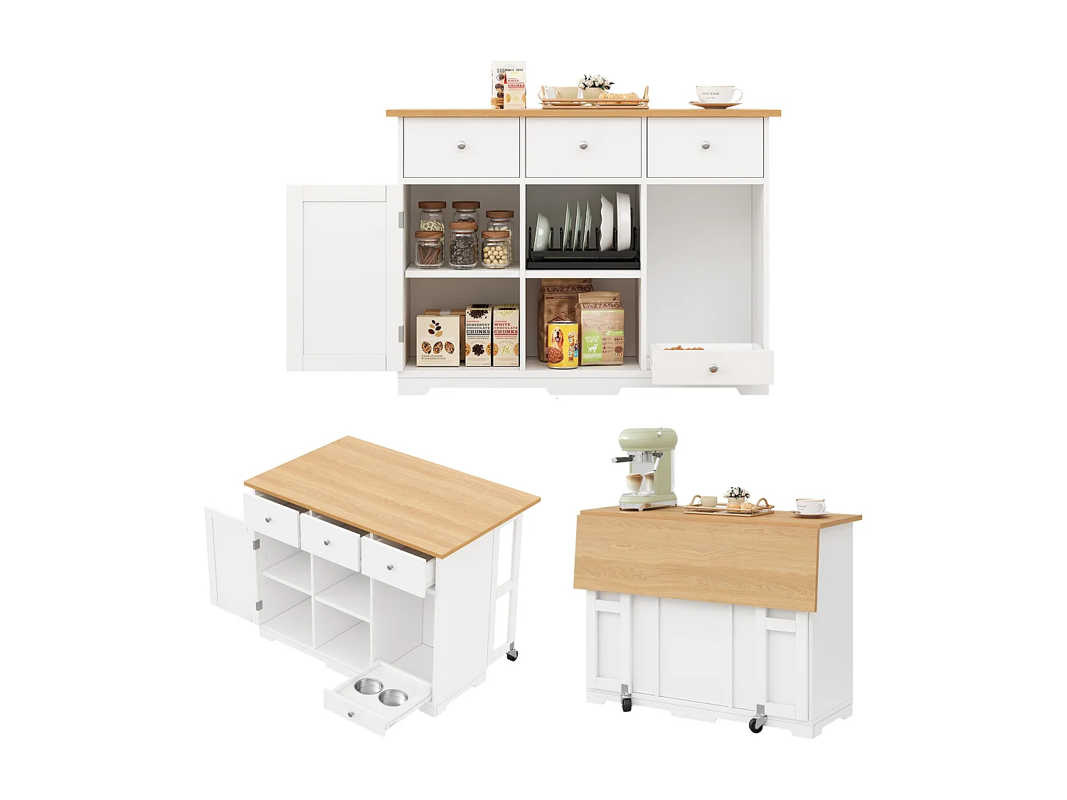 Îlot central de cuisine avec 3 tiroirs et gamelle pour animaux - Blanc et naturel clair