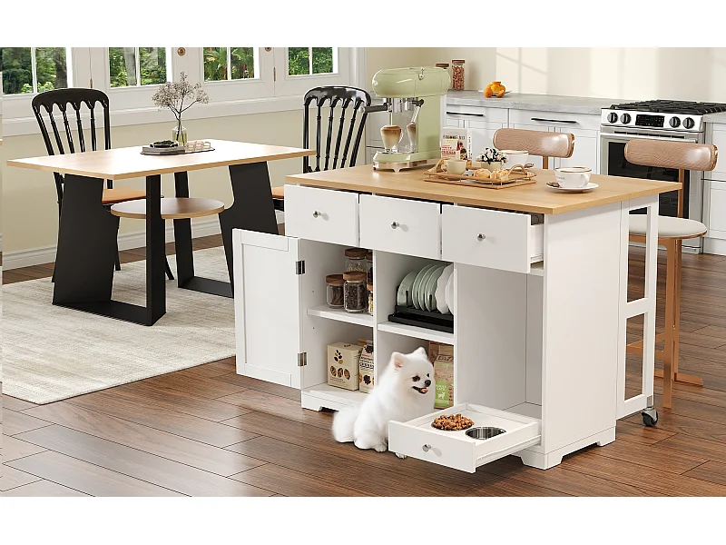 Îlot central de cuisine avec 3 tiroirs et gamelle pour animaux - Blanc et naturel clair