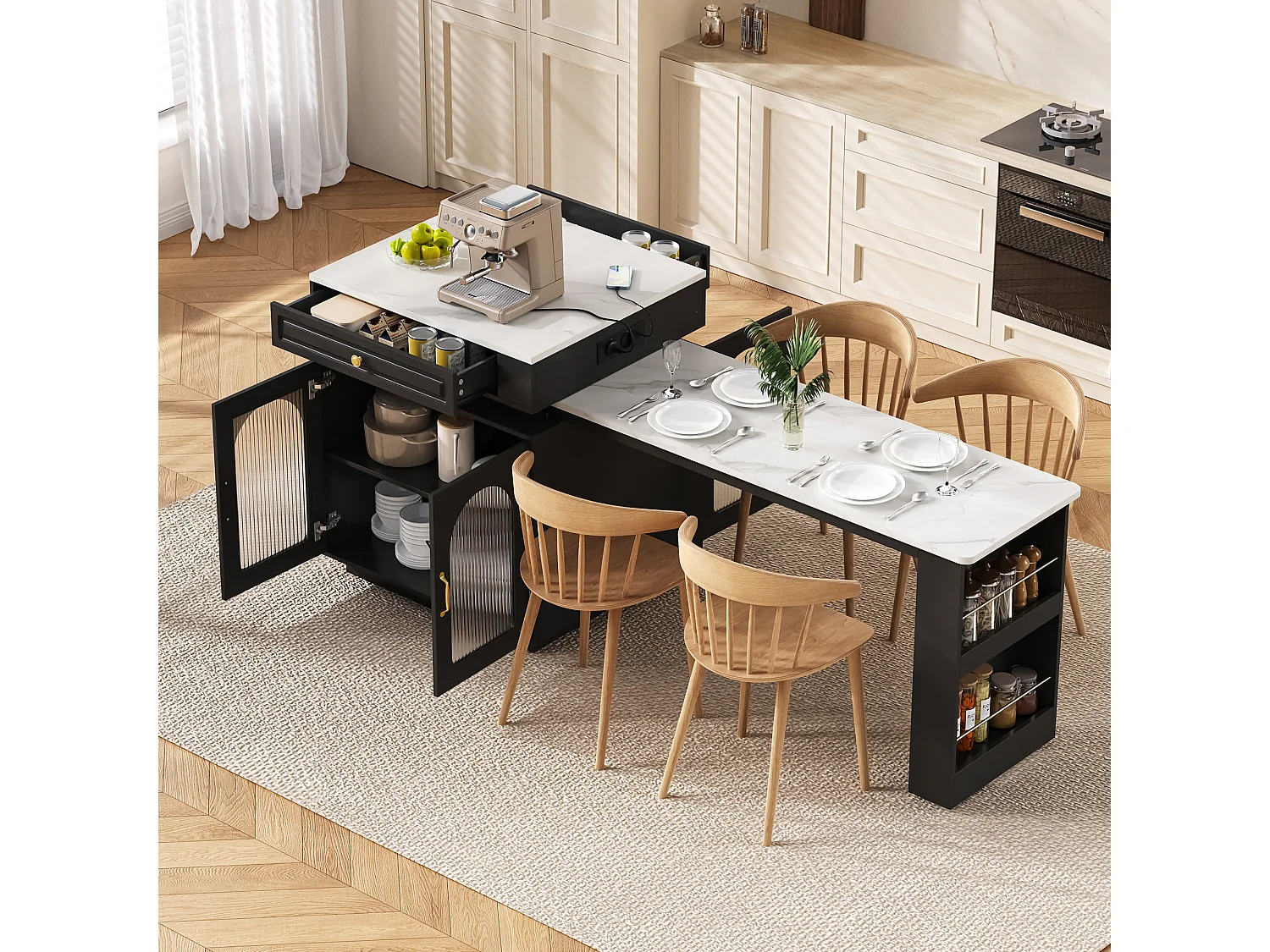 Îlot central de cuisine avec 2 portes verre et tiroir - Table extensible et LED, USB/Type-C - Plateau effet marbre