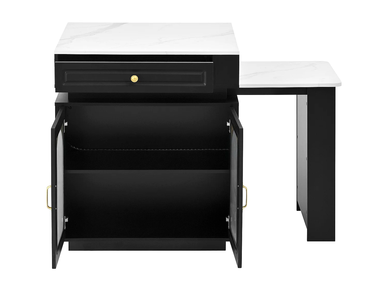 Îlot central de cuisine avec 2 portes verre et tiroir - Table extensible et LED, USB/Type-C - Plateau effet marbre