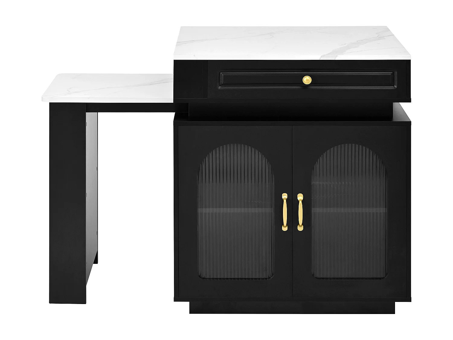 Îlot central de cuisine avec 2 portes verre et tiroir - Table extensible et LED, USB/Type-C - Plateau effet marbre