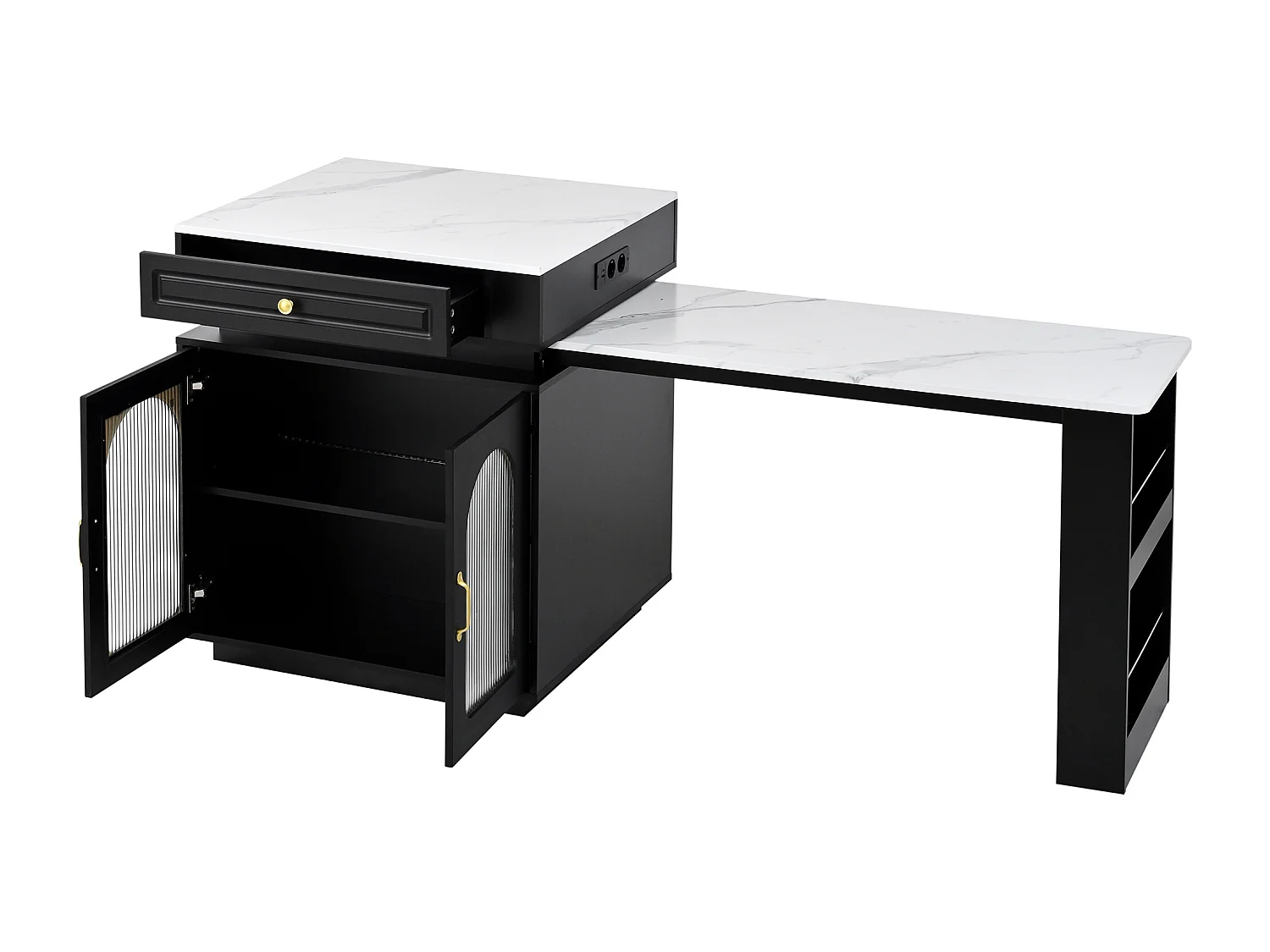 Îlot central de cuisine avec 2 portes verre et tiroir - Table extensible et LED, USB/Type-C - Plateau effet marbre