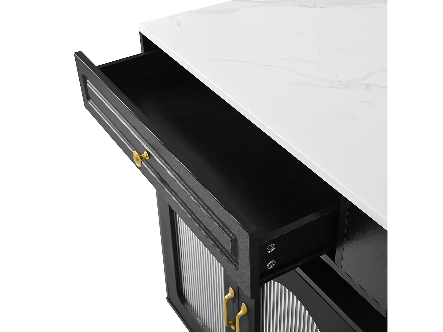 Îlot central de cuisine avec 2 portes verre et tiroir - Table extensible et LED, USB/Type-C - Plateau effet marbre