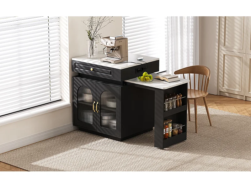 Îlot central de cuisine avec 2 portes verre et tiroir - Table extensible et LED, USB/Type-C - Plateau effet marbre