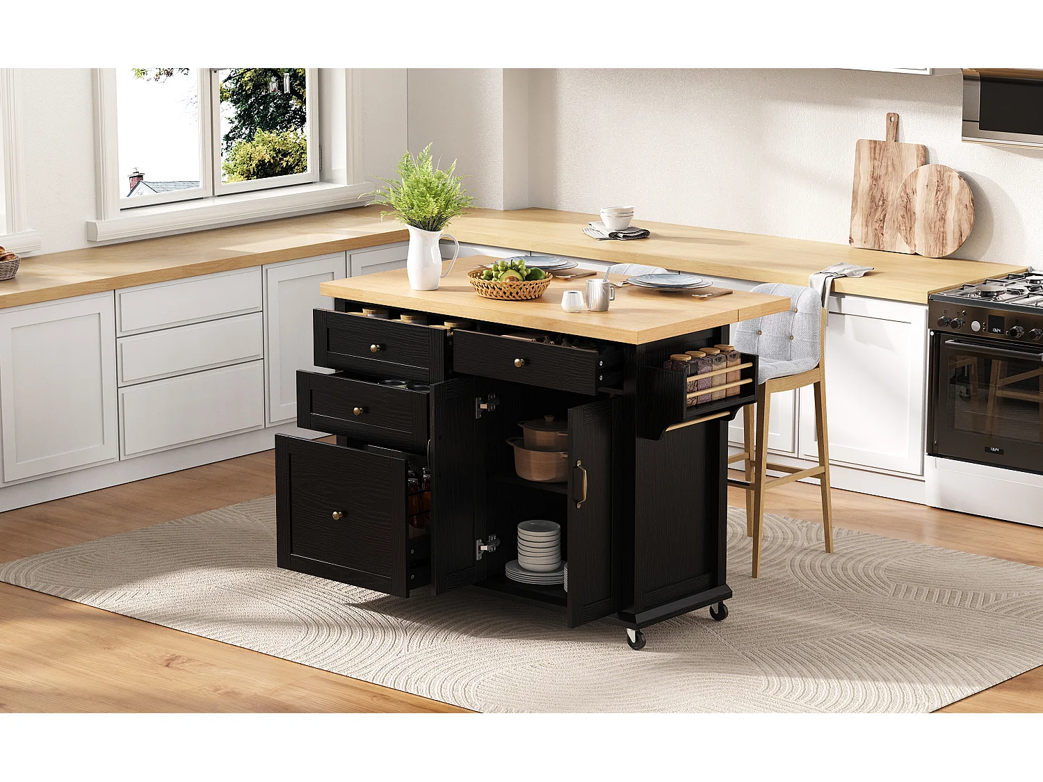 Îlot central de cuisine noir sur roulettes - 4 tiroirs et 2 portes - Plateau rabattable 107x45（70）cm