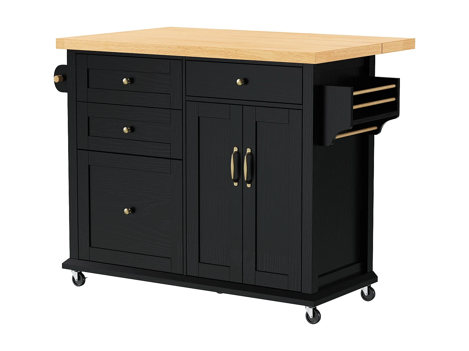 Îlot central de cuisine noir sur roulettes - 4 tiroirs et 2 portes - Plateau rabattable 107x45（70）cm