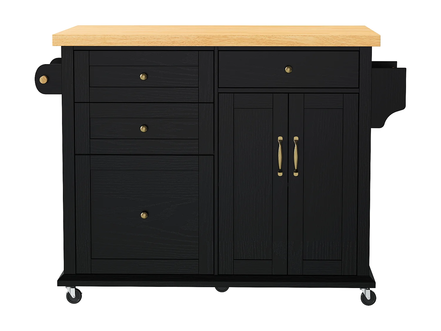 Îlot central de cuisine noir sur roulettes - 4 tiroirs et 2 portes - Plateau rabattable 107x45（70）cm