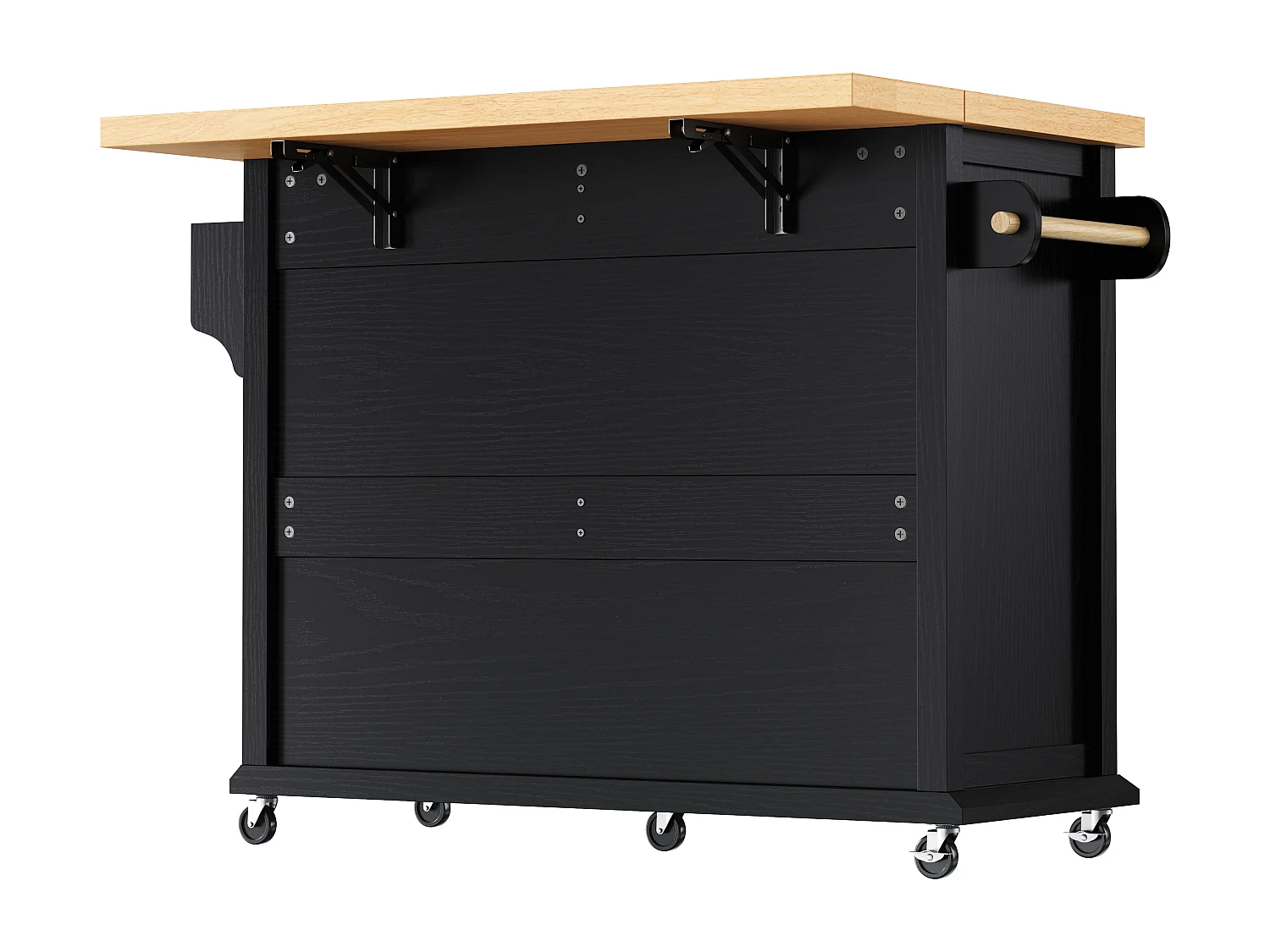 Îlot central de cuisine noir sur roulettes - 4 tiroirs et 2 portes - Plateau rabattable 107x45（70）cm