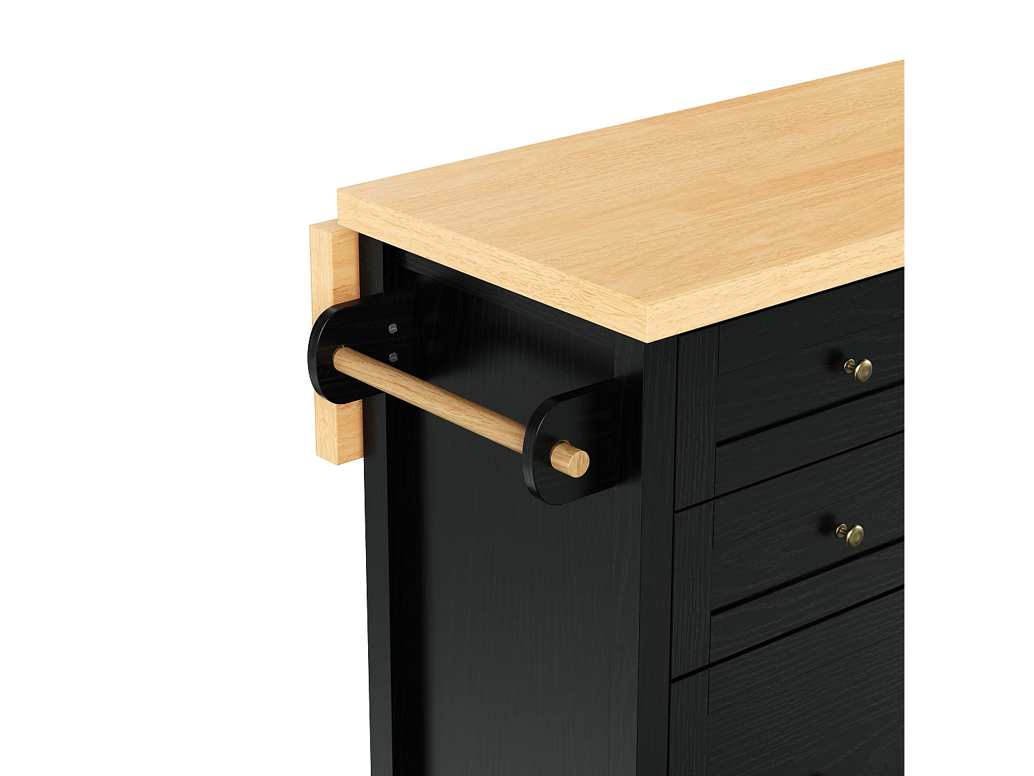 Îlot central de cuisine noir sur roulettes - 4 tiroirs et 2 portes - Plateau rabattable 107x45（70）cm