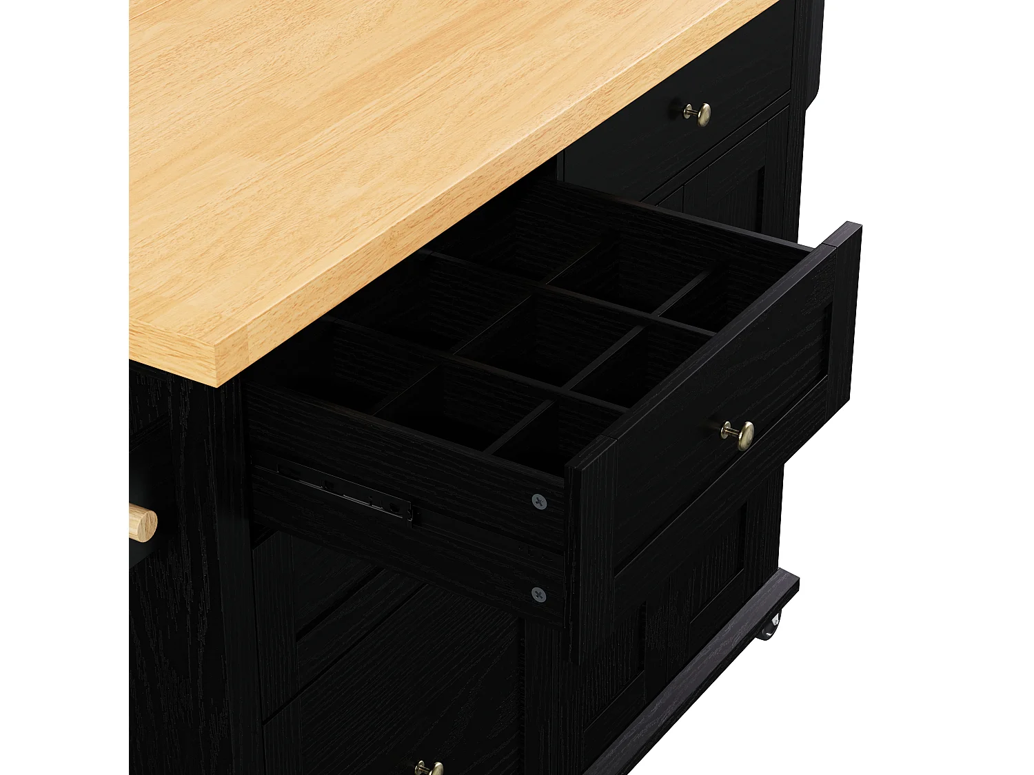 Îlot central de cuisine noir sur roulettes - 4 tiroirs et 2 portes - Plateau rabattable 107x45（70）cm