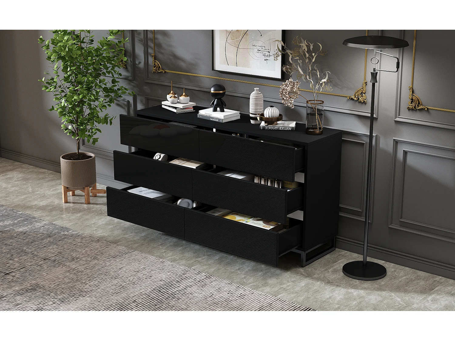 Commode laquée brillante avec 6 tiroirs - Pieds en métal - Noir et blanc