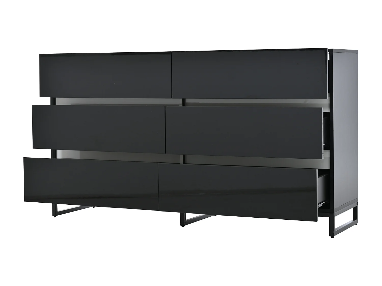 Commode laquée brillante avec 6 tiroirs - Pieds en métal - Noir et blanc