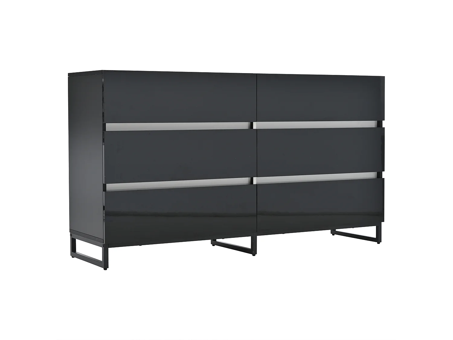 Commode laquée brillante avec 6 tiroirs - Pieds en métal - Noir et blanc