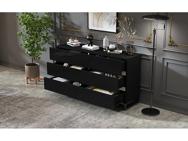 Commode laquée brillante avec 6 tiroirs - Pieds en métal - Noir et blanc