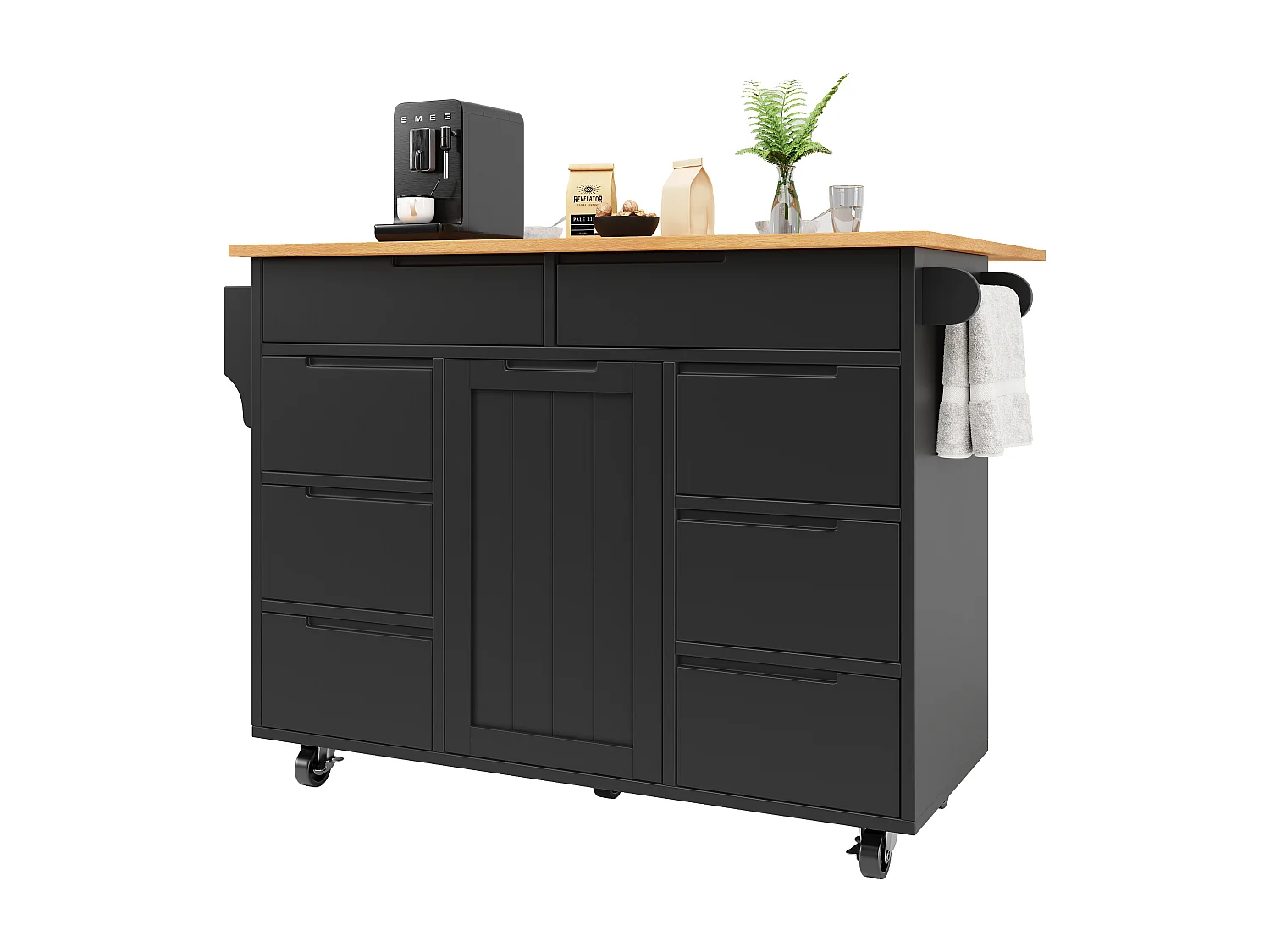 Isola cucina con 8 cassetti - Carrello con piano ribaltabile - Nero