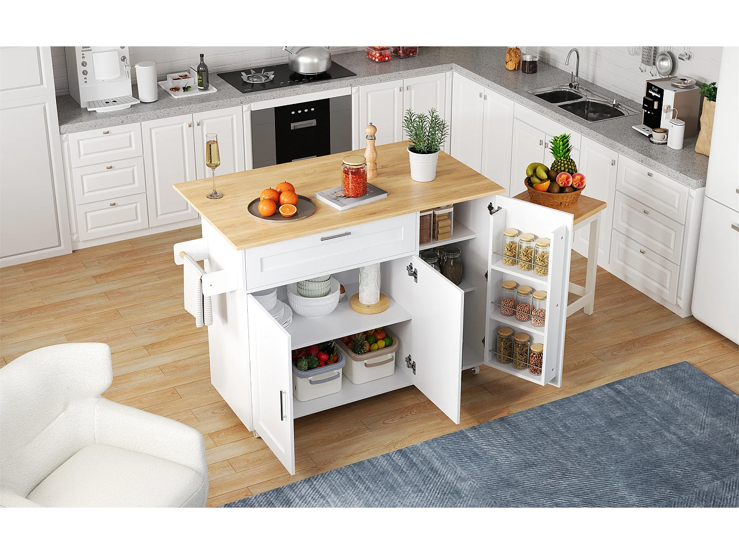 Îlot central de cuisine avec 3 portes et tiroir en MDF - Blanc et naturel clair