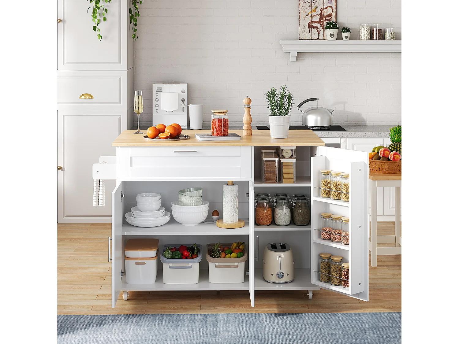 Îlot central de cuisine avec 3 portes et tiroir en MDF - Blanc et naturel clair